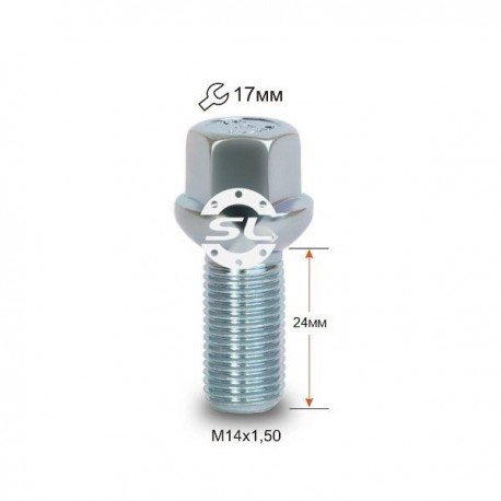Болт колесный М14x1.5x24мм Сфера Цинк Ключ 17 (Audi, Mercedes-Benz, Seat, Skoda, Volkswagen) для железных дисков