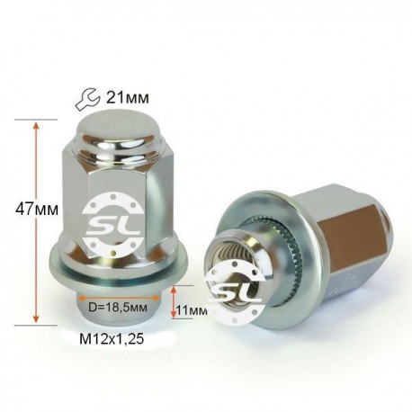 Гайка M12x1,25x47 мм Прессшайба D-18.5 Хром Ключ 21