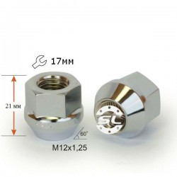 Гайка колесная M12x1,25x21мм Конус Ключ 17 (Subaru, Suzuki, Niva, Nissan, Infiniti, Matiz) под железные диски