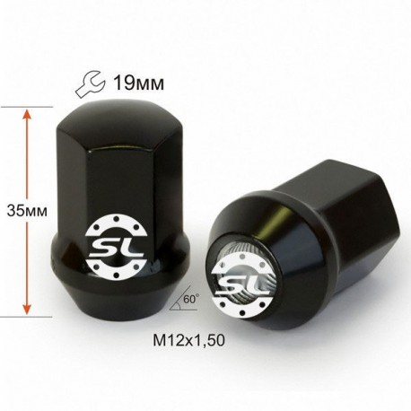 Гайка колесная М12x1,5x35мм Конус (Chevrolet, Citroen, Daihatsu, Hyundai, Kia, Mazda, Peugeot, Toyota, Lexus) Черная Ключ 19