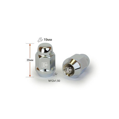 Гайка колесная М12x1,5x35мм Конус Хром Ключ 19 (Chevrolet, Citroen, Hyundai, Kia, Mazda, Toyota, Lexus) с закругленной головкой