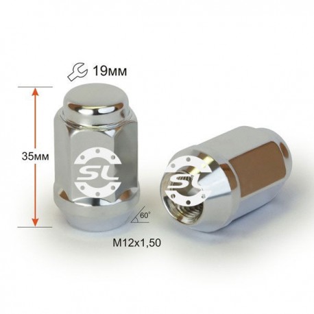 Гайка колесная М12x1,5x35мм Конус Хром Ключ 19 (Chevrolet, Citroen, Daihatsu, Hyundai, Kia, Mazda, Peugeot, Toyota, Lexus)