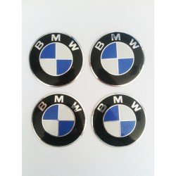 Наклейки BMW D56 мм алюминий (Бело-синий логотип серебристая окантовка на черном фоне)